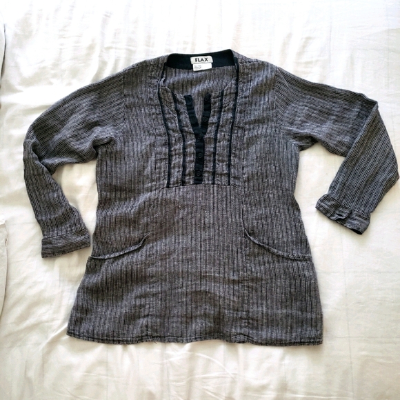 Flax Dresses & Skirts - FLAX linen blk/wh stripe tunic mini dress M button